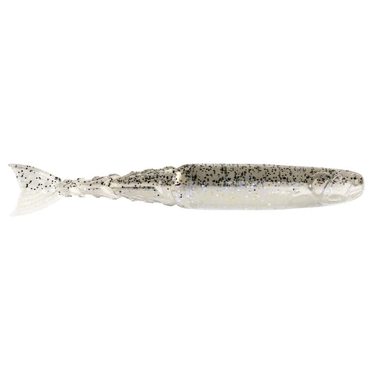 Translucent white fishing lure with black speckles and segmented tail.