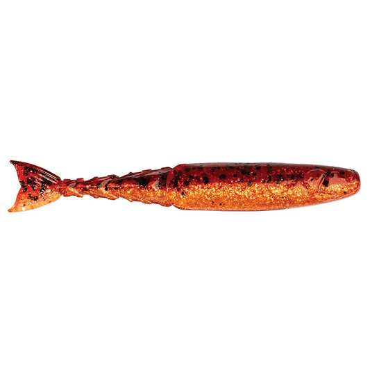 Red and orange segmented fishing lure with black speckles and paddle tail.