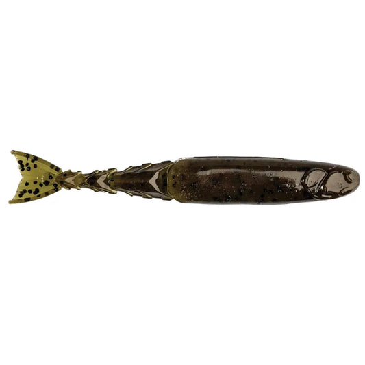 Green pumpkin soft plastic fishing lure with a segmented body and paddle tail.