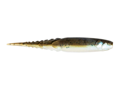A soft plastic fishing lure shaped like a small fish, shown in profile against a solid white background. The lure features a dark olive-brown top, a lighter cream-white belly, and small black spots.