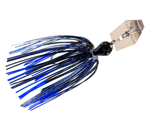 A fishing lure with a black top, a silver metal swivel, and a beige tag, attached to a skirt made of black and blue silicone strands with glitter.