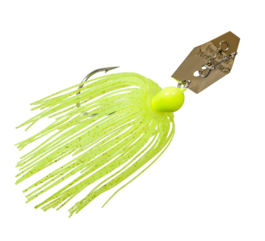 Angled view of a bright chartreuse fishing lure with a gold blade.
