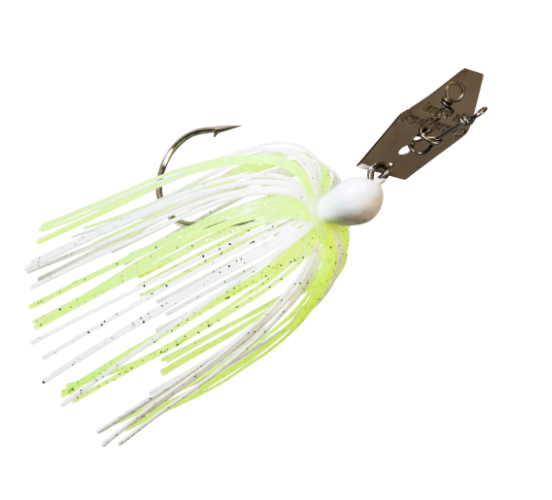 A jig fishing lure with a silver metal blade, a white bead head, and a skirt made of translucent neon yellow-green and white strands with black flecks, featuring a curved hook.