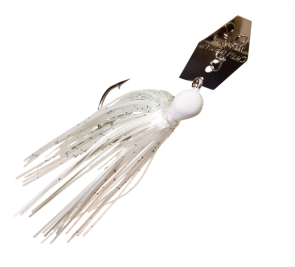 A white and silver jig fishing lure with a white skirt, black treble hook, and a black metal blade featuring the 'Bass Pro' brand logo.