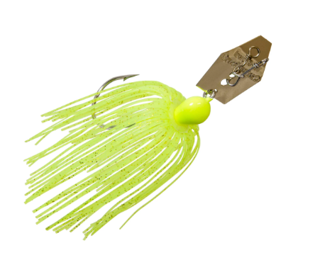 A bright neon yellow-green soft plastic fishing lure with a single hook and a small metal tag attached, shown on a plain white background.