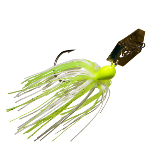 A fishing jig lure with a bright neon yellow-green head, translucent white and lime green skirt strands, and a gold-toned metal blade on a plain white background.