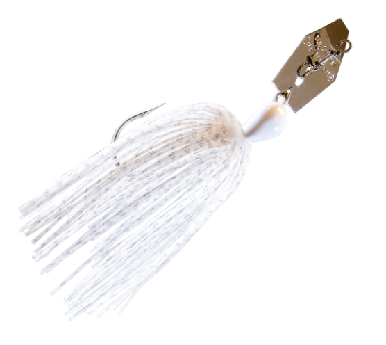 A white and silver silicone fishing jig with a gold metal blade and treble hook, isolated on a white background.