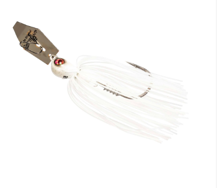 A white soft plastic swimbait fishing lure with a silver metal blade, a small red bead, and a treble hook with white skirt strands, shown on a plain white background.