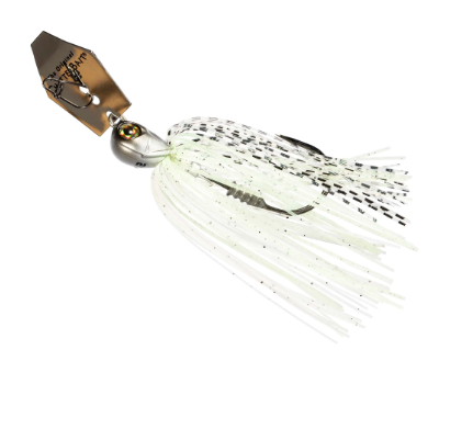 A fishing jig lure with a metallic gold and silver top, a white skirt with black speckles, and translucent white strands, shown on a plain white background.