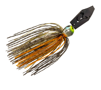 A fishing jig lure with a black metal top, a metallic silver and green head, and a skirt made of brown, orange, and silver glitter strands, isolated on a white background.