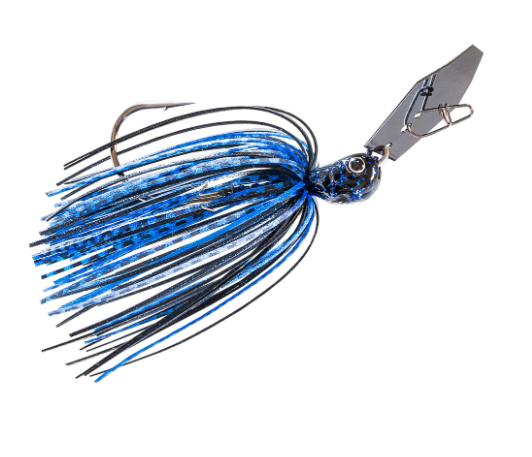 A blue and black skirted fishing lure with a metallic silver blade, shown on a plain white background.