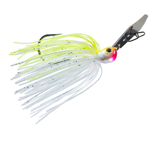 A fishing lure with a silver metal clipper back, a white and neon yellow skirt, and a pink eye accent, isolated on a white background.