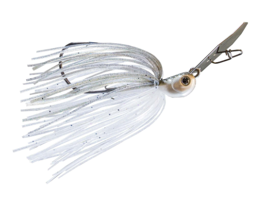 A white and silver soft plastic fishing lure with a realistic eye and a metal split-bite hook, isolated on a white background.