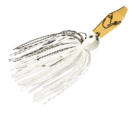 A white and black skirted fishing jig lure with a gold metal blade featuring a black fish hook graphic, isolated on a white background.