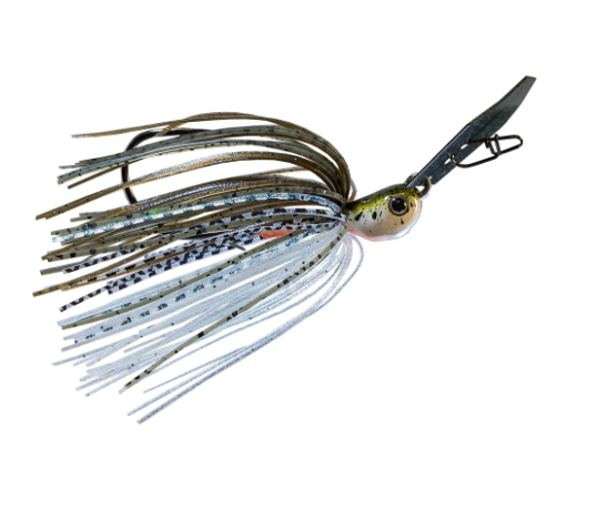 Green and white bladed fishing jig with a speckled head and skirt.