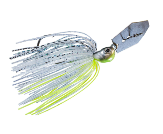 A silver spinnerbait fishing lure with a metallic silver blade, a bright chartreuse-green head, and a skirt made of silver and neon chartreuse strands.