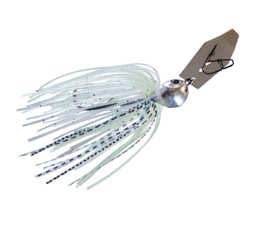 A silver metal spinnerbait fishing lure with a white and black silicone skirt and a blank rectangular tag attached.