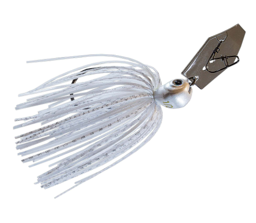 A white and silver soft plastic fishing lure with a metallic silver head, treble hooks, and a dark metal blade, shown on a plain white background.