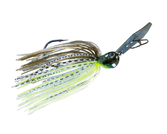 A fishing lure with a metallic silver blade, a dark green head, and a skirt made of translucent pale yellow, white, and black speckled strands, shown on a plain white background.