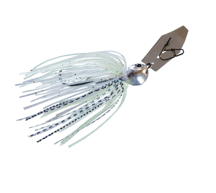 A silver metal spinnerbait fishing lure with a light green and white silicone skirt featuring black speckles, and a blank brown tag attached.