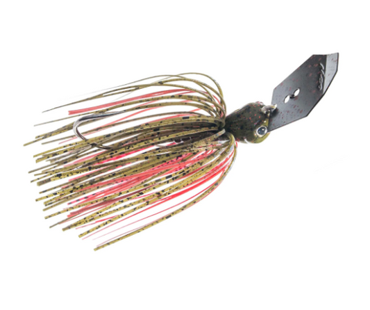 A fishing jig lure with a black metal blade head, a dark olive-brown body, and a skirt made of tan, black, and red strands, shown on a plain white background.