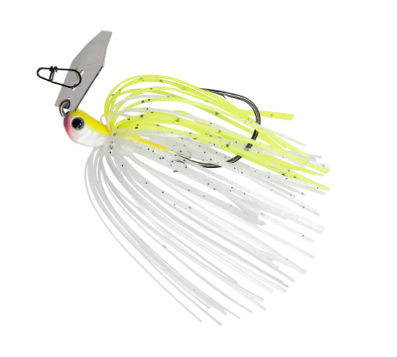 A fishing jig lure with a silver metal blade, a yellow and white skirt, and a black treble hook, shown on a plain white background.