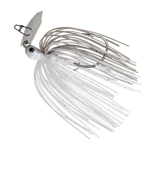 A white and silver jig fishing lure with a metal blade, hook, and long skirt strands on a plain white background.