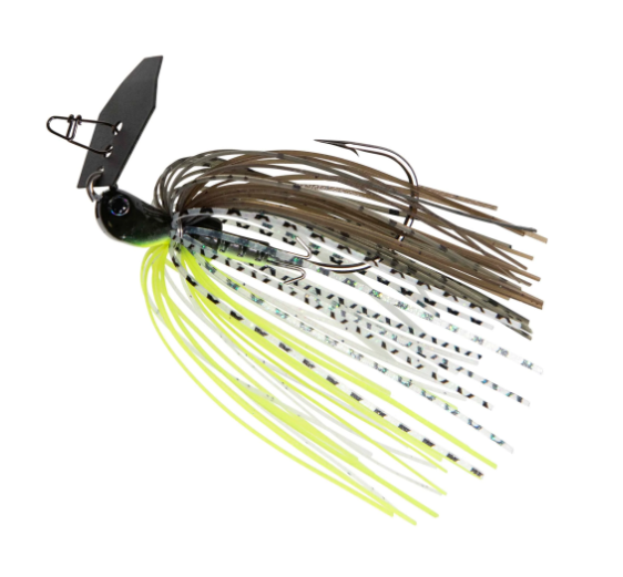 A fishing jig lure with a black blade, brown skirt strands, and neon yellow-green and white patterned tails on a plain white background.