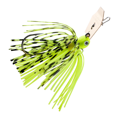 A bright neon yellow-green fishing lure with black-tipped skirt strands, a metal blade, and a hook, isolated on a white background.
