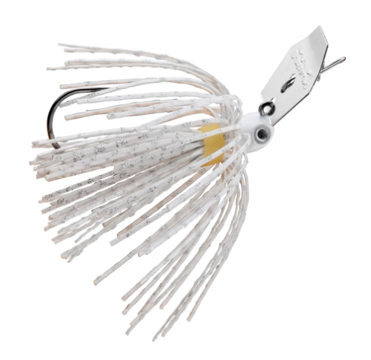 A white and silver jig fishing lure with a white skirt, black treble hook, and a small yellow accent band, shown on a solid white background.