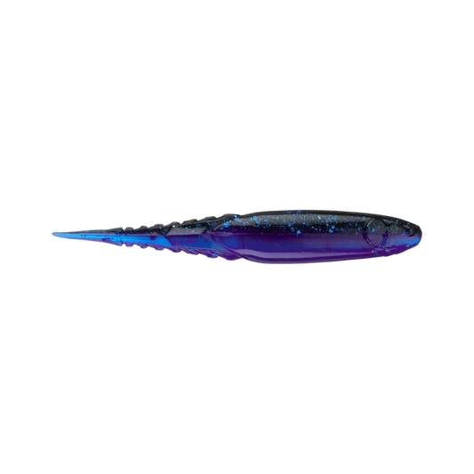 A black and blue glitter soft plastic fishing lure with a ribbed tail.