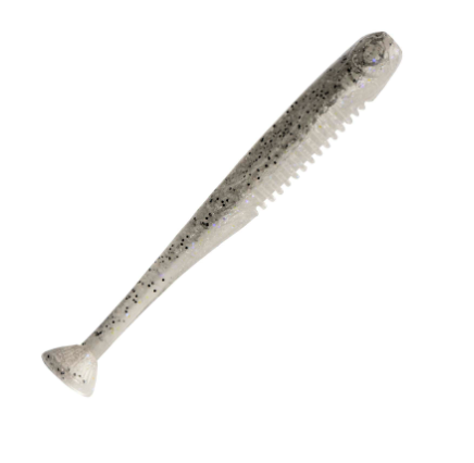 A soft plastic fishing lure shaped like a small baitfish, shown diagonally on a plain white background. The lure is translucent with a speckled pattern of black and gray, and features a ribbed body and a flared tail.