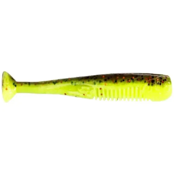 Yellow fishing lure with black and red speckles on a white background