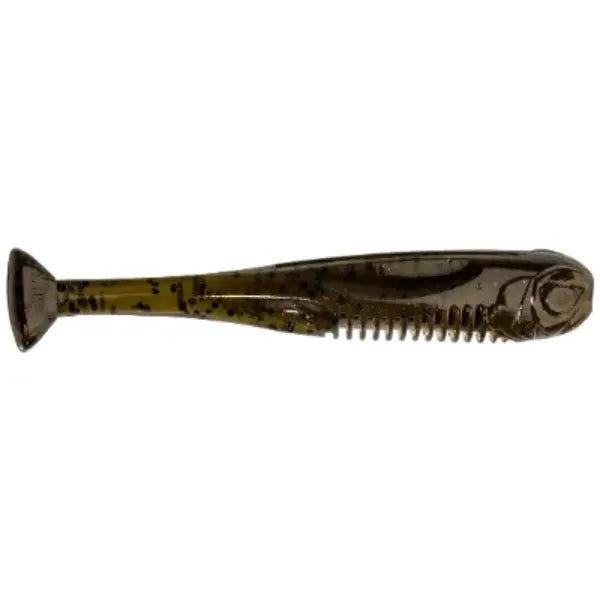 Dark green pumpkin soft plastic fishing lure with a paddle tail and ribbed underside.