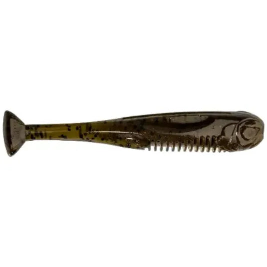 Dark green pumpkin soft plastic fishing lure with a paddle tail and ribbed underside.