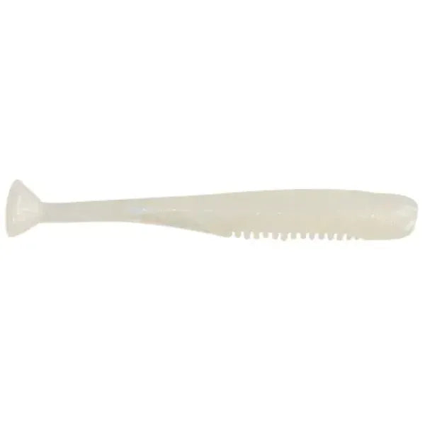 A translucent white silicone fishing lure with a ribbed body and a flared tail, shown against a plain white background.