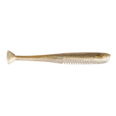 Gold shiner soft plastic fishing lure with a ribbed belly and paddle tail.