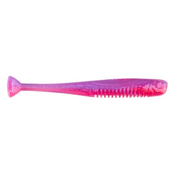 A pink and purple soft plastic fishing lure shaped like a small fish, shown horizontally against a plain white background.