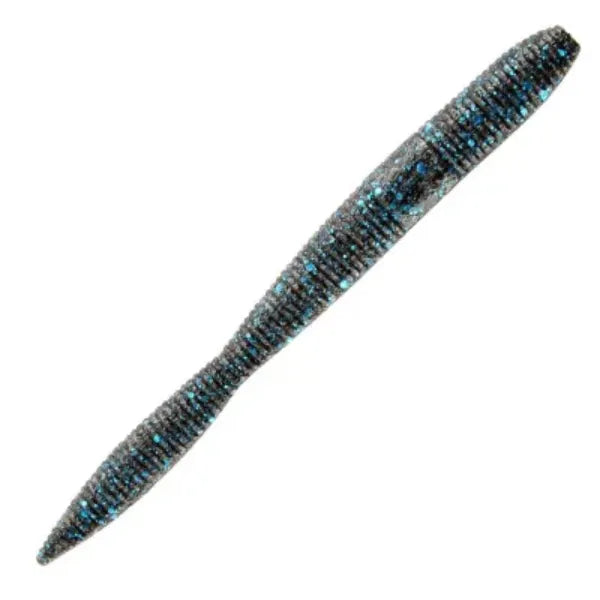 A soft plastic swimbait fishing lure with a glittery black and blue body, shown diagonally on a plain white background.