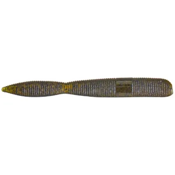 A ribbed soft plastic fishing worm lure in olive green and yellow, shown horizontally against a plain white background.