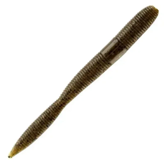 A single soft plastic fishing lure shaped like a segmented earthworm, shown diagonally on a plain white background.