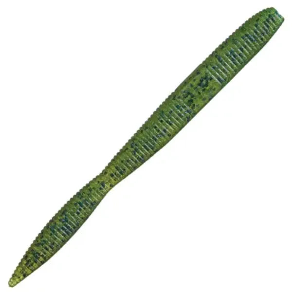 Watermelon green fishing worm with black speckles and ribbed body.