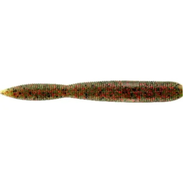 A soft plastic swimbait fishing lure with a ribbed body, featuring a mottled pattern of olive green, red, and black glitter, shown against a plain white background.