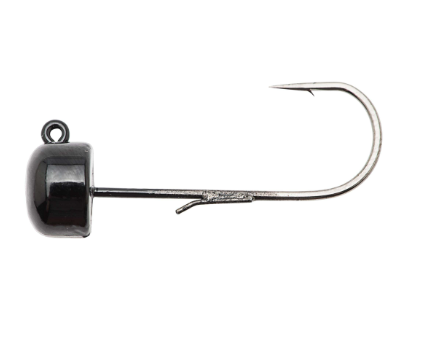 A single fishing jig lure with a glossy black round body, a silver metal hook, and a small eyelet at the top, shown on a plain white background.
