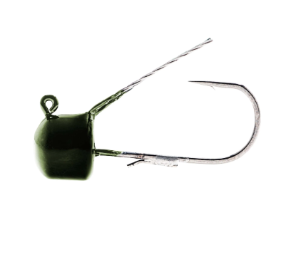 A single fishing jig lure with a dark olive-green rounded head and a long silver wire tail on a plain white background.