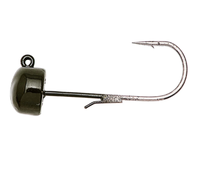 A single fishing jig lure with a glossy dark olive-green rounded head, a black stem, and a silver metal hook, shown against a plain white background.