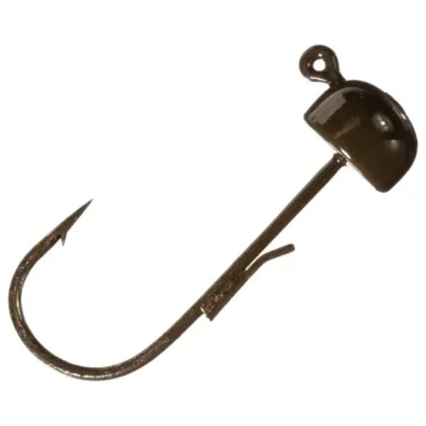 Dark green pumpkin mushroom jig head with a single hook and wire keeper.