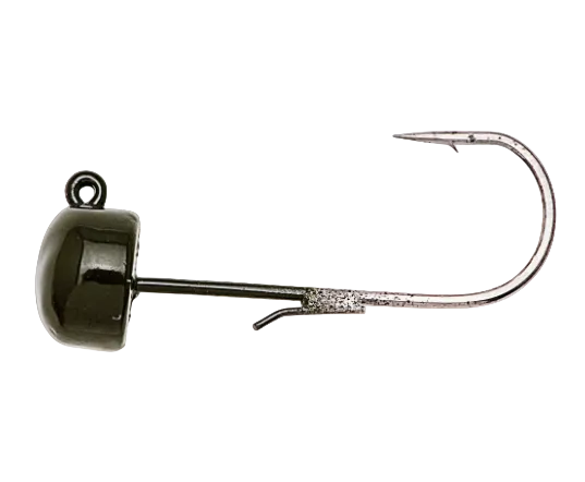A fishing jig lure with a glossy black rounded head, a silver wire stem, and a large silver hook, shown against a plain white background.