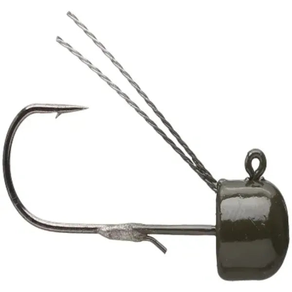 Green pumpkin mushroom jig head with silver hook and two wire weed guards.