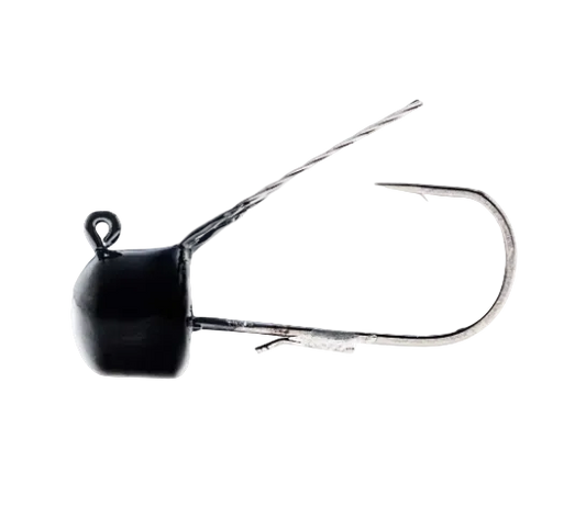 A black plastic fishing jig head with a silver metal wire skirt and a large hook, isolated on a white background.